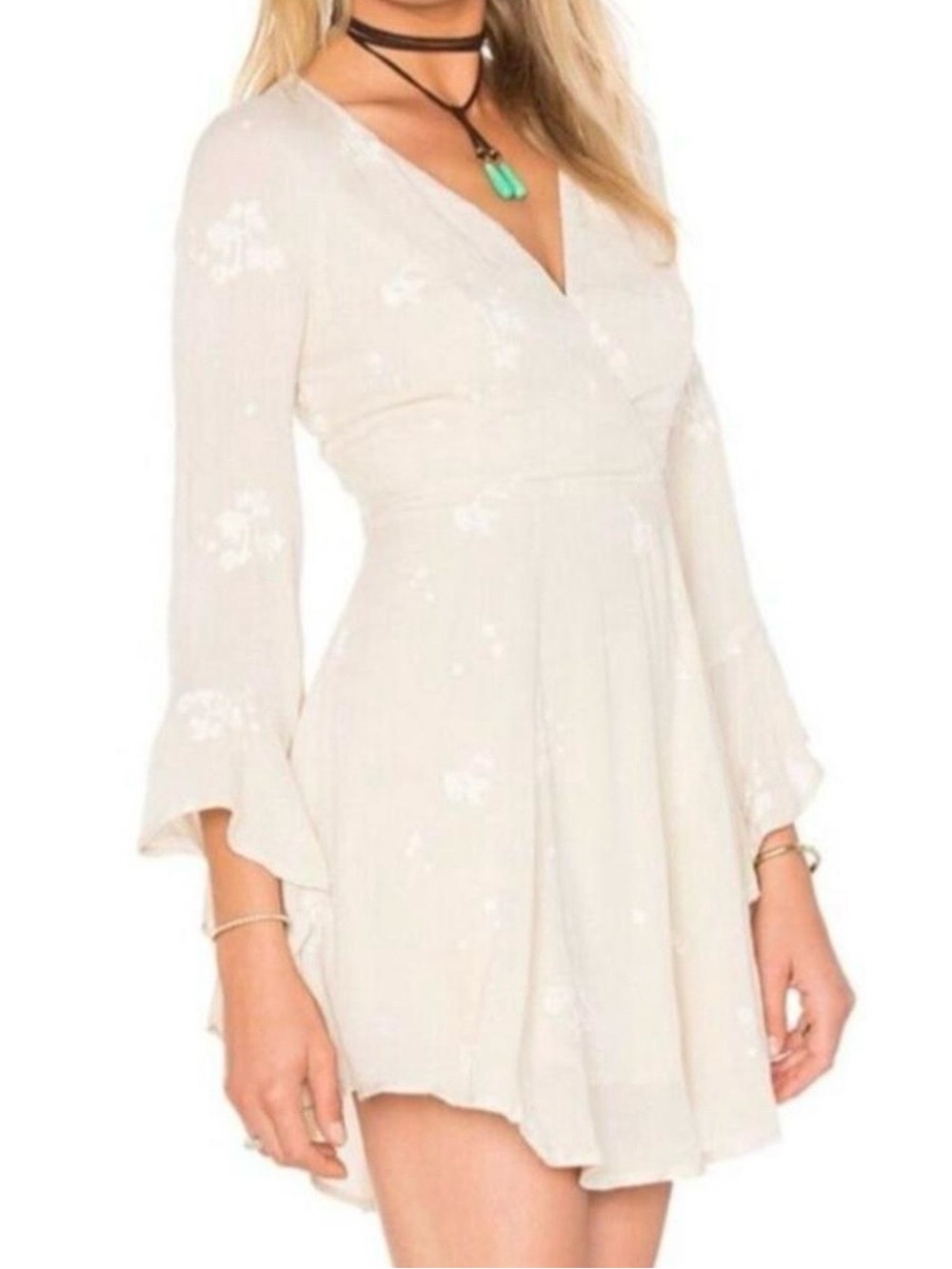 Free People Cream Floral Wrap Mini Dress